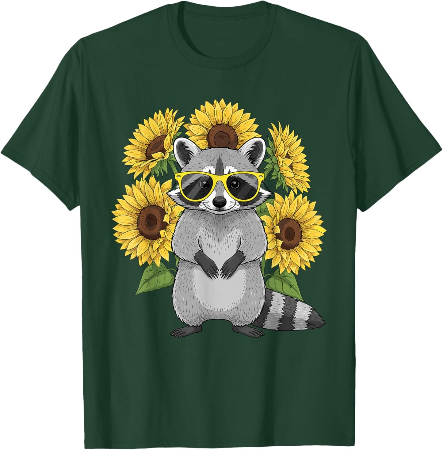 Cute Raccoon with Sunglasses and Sunflowers Women T-Shirt - T-Shirt | Forest