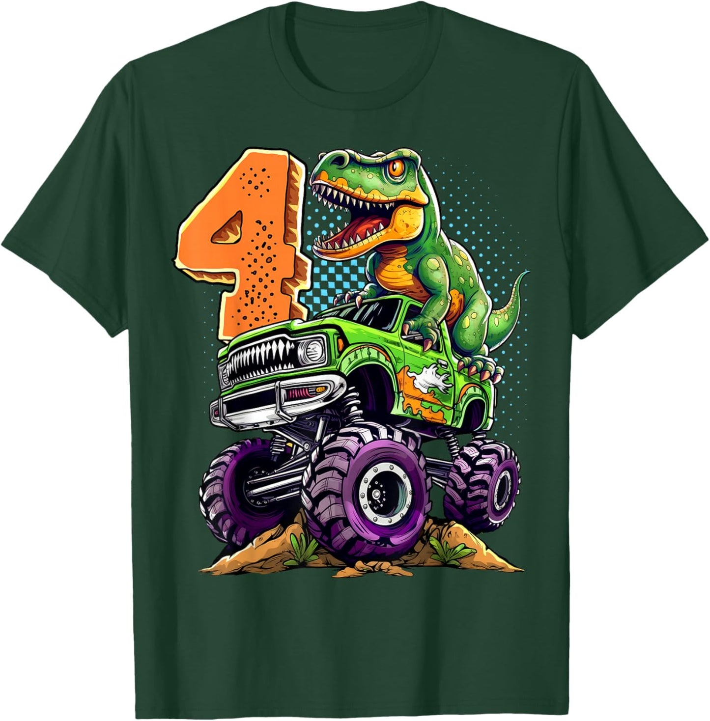 Monster Truck Dinosaur T-Rex 4th Birthday Boy 4 Year Old T-Shirt - T-Shirt | Forest