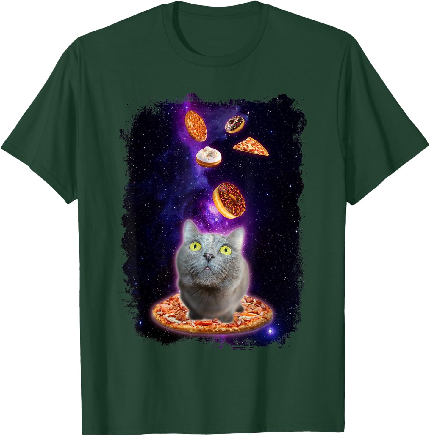 Cat in Space with Pizza Doughnuts Floating Shirt Gift T-Shirt - T-Shirt | Forest