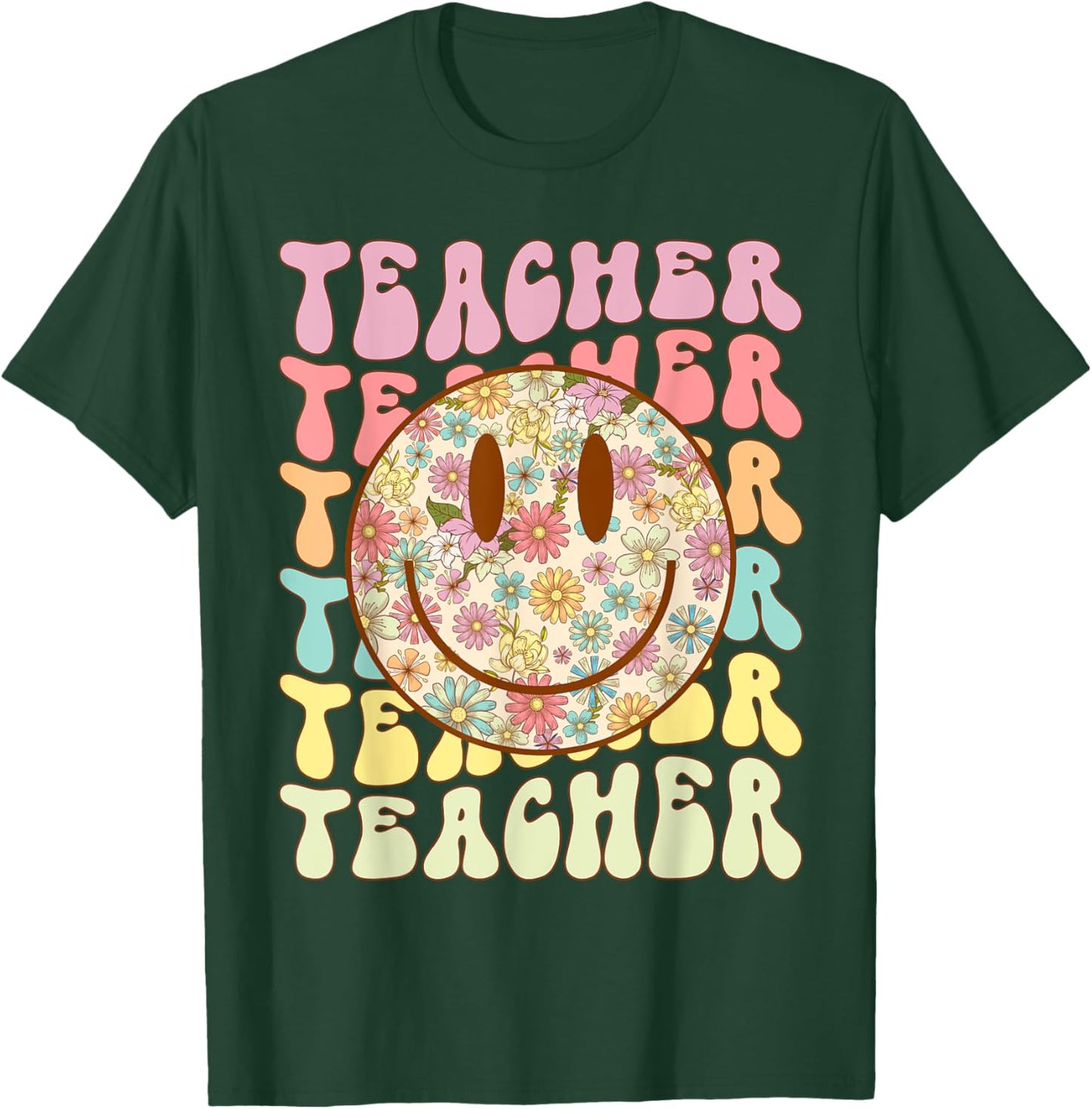 Groovy Retro Teacher Floral Smile Face Back To School T-Shirt - T-Shirt | Forest