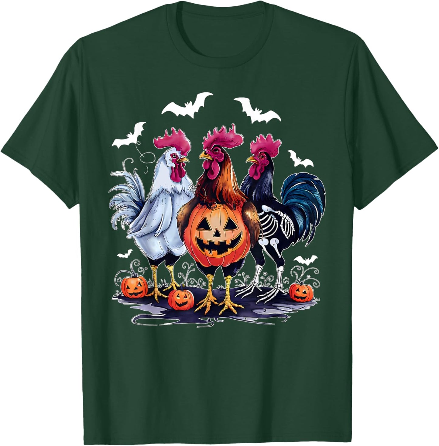 Retro Pumpkin Rooster Bat Chicken Farm Animal Spooky Party T-Shirt - T-Shirt | Forest