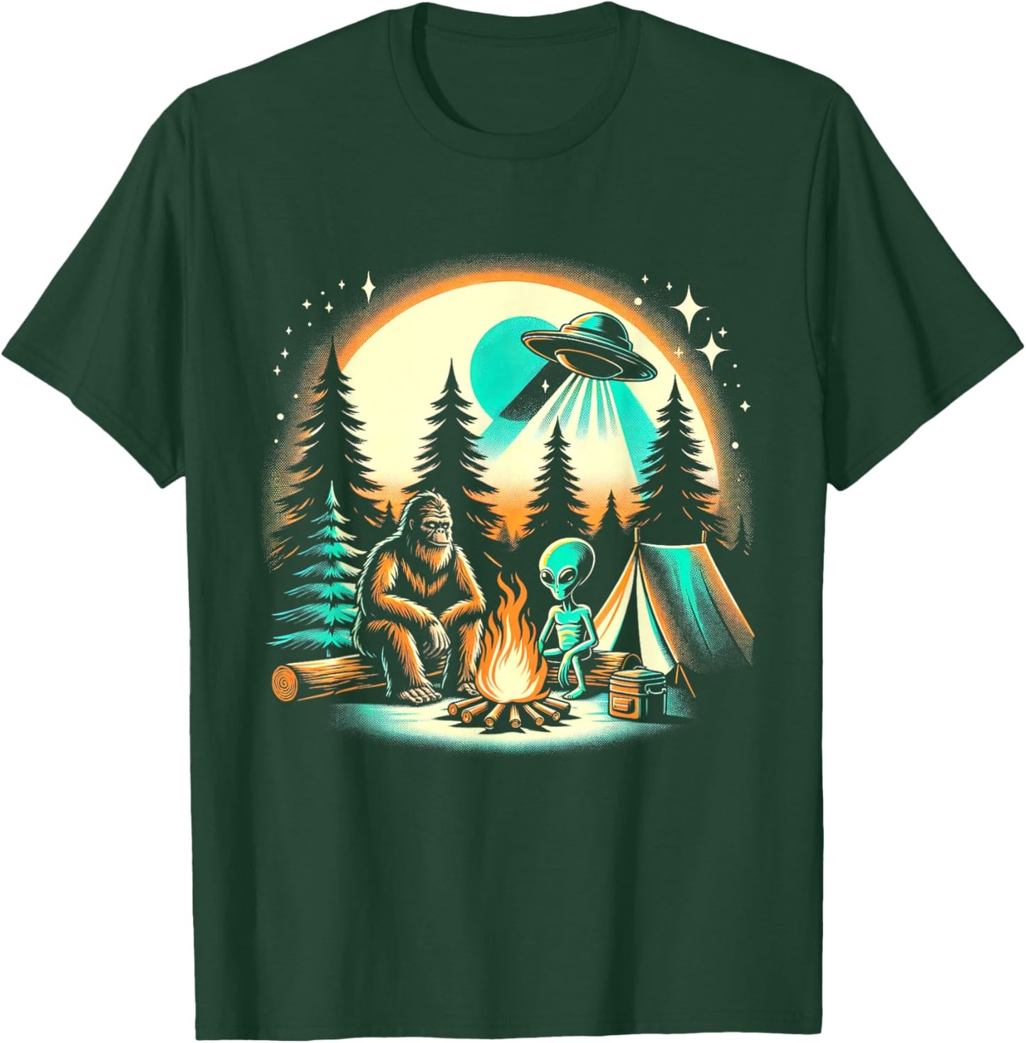 Funny Bigfoot & Alien UFO Camping Outdoor Adventures Hiking T-Shirt - T-Shirt | Forest