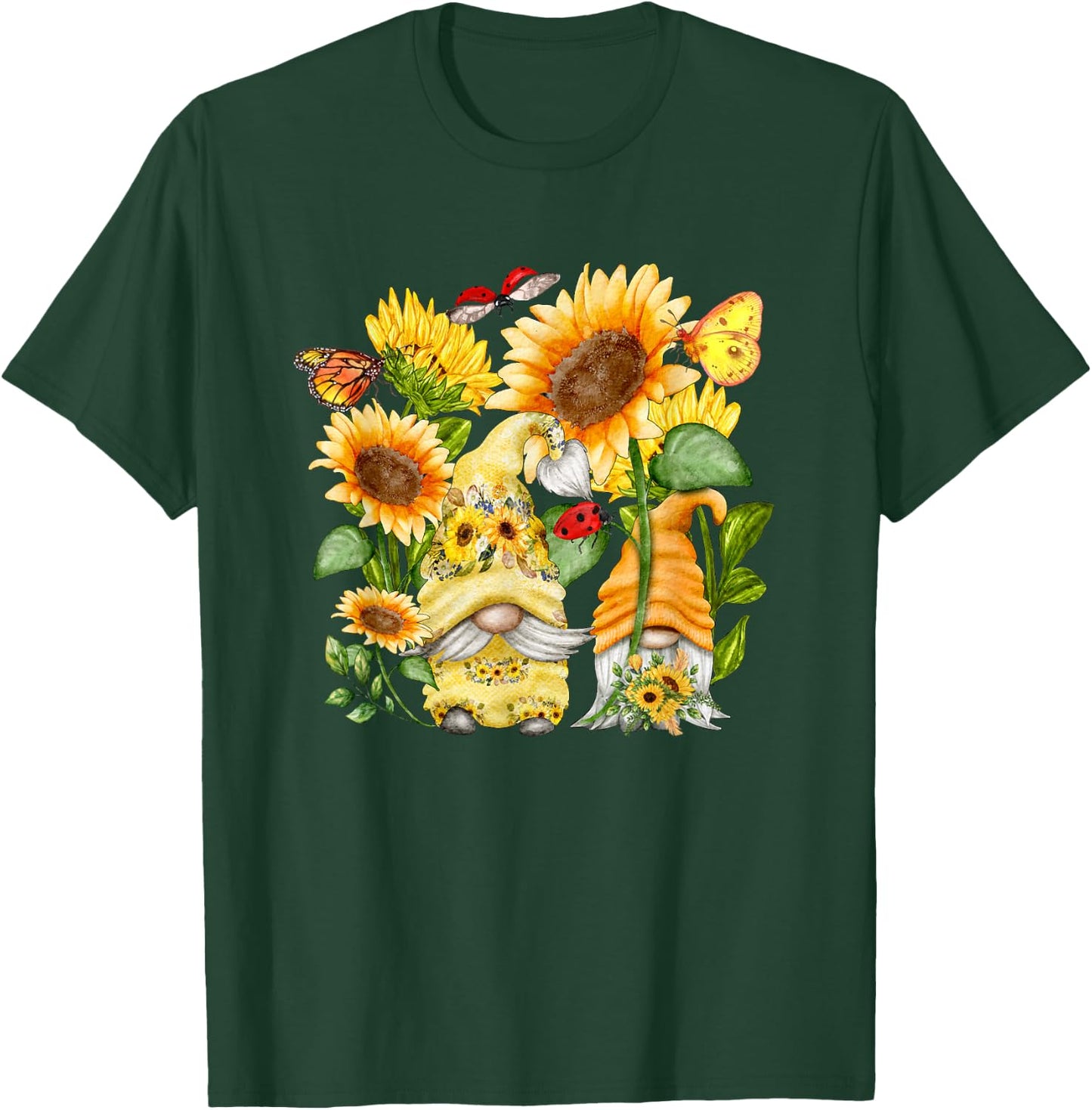 Sunflower Gnome Butterfly & Ladybug Floral Flower T-Shirt - T-Shirt | Forest
