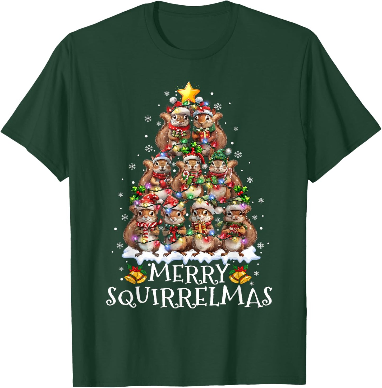 Squirrel Christmas Tree Lights Merry Squirrelmas Santa Xmas T-Shirt - T-Shirt | Forest