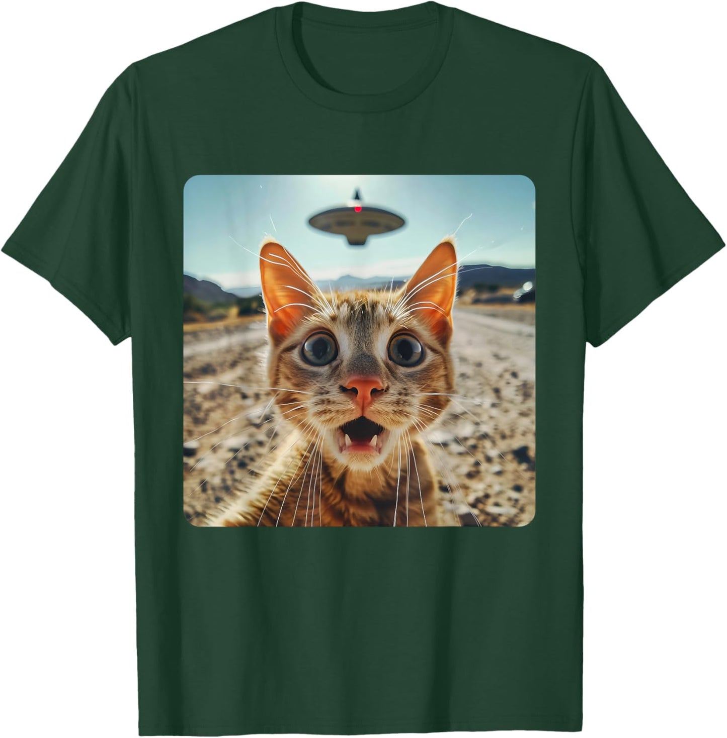 Extraterrestrial Encounter: Cat Selfie with Alien UFO T-Shirt - T-Shirt | Forest