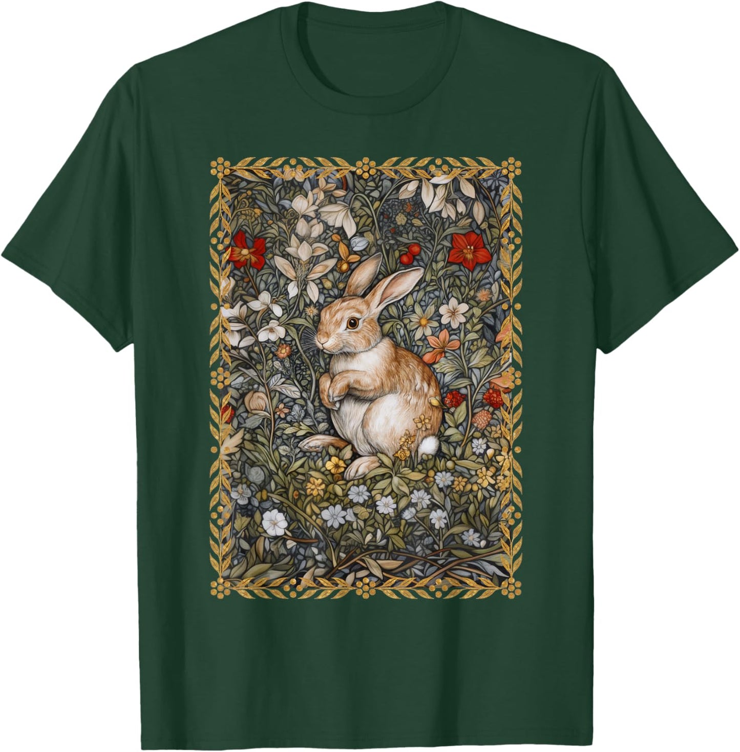 Rabbit in a William Morris Style Flower Garden T-Shirt - T-Shirt | Forest