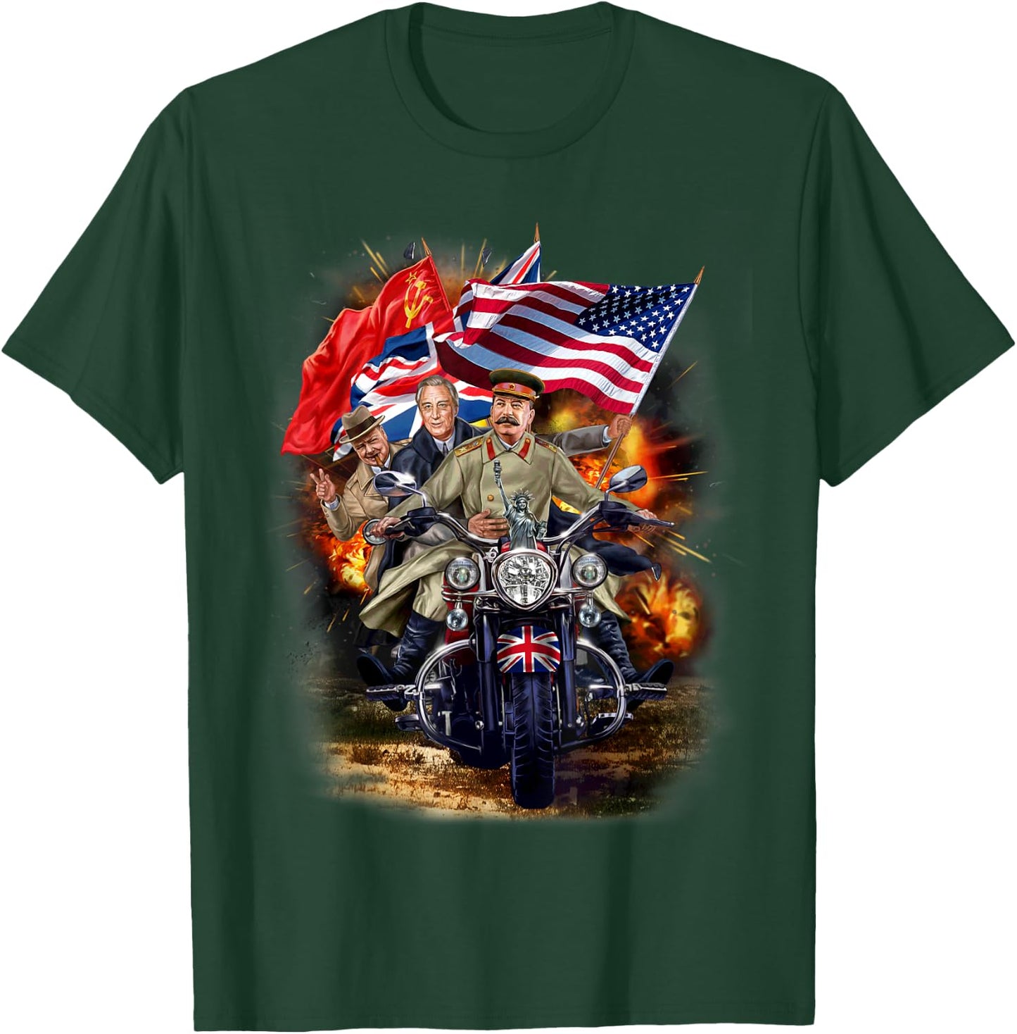 Churchill, Roosevelt and Stalin Riding Motorcycle During WW2 T-Shirt - T-Shirt | Forest