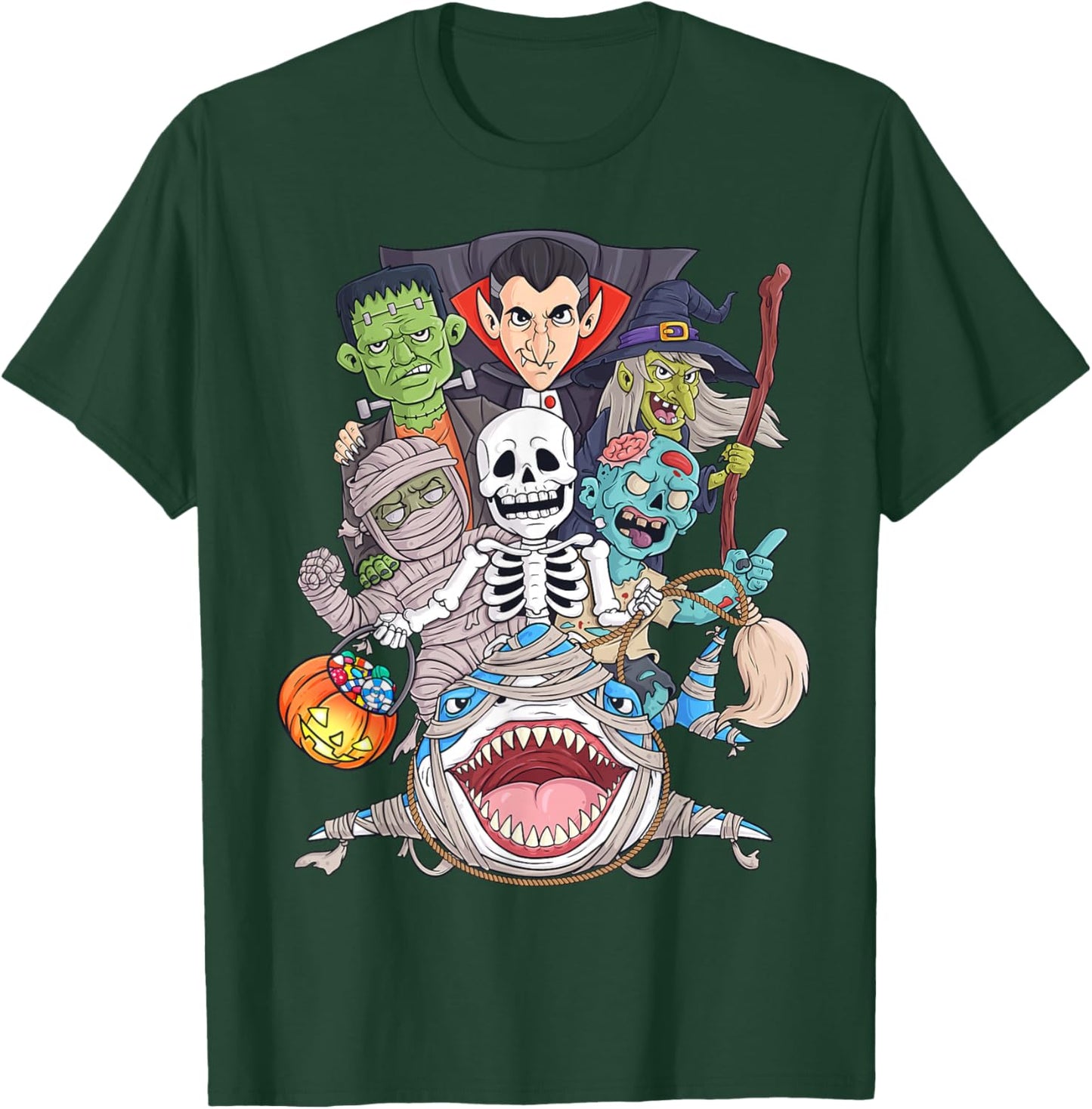 Skeleton Zombie Riding Mummy Shark Funny Halloween Pumpkin T-Shirt - T-Shirt | Forest