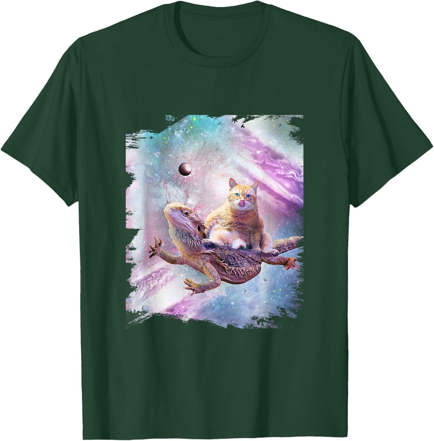 Bearded Dragon Lizard Riding Space Cat T-Shirt - T-Shirt | Forest