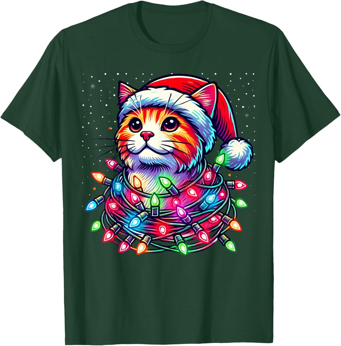 Santa Cat Tangled Up in Christmas Lights Funny Xmas Pajama T-Shirt - T-Shirt | Forest