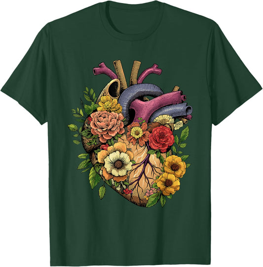 Anatomical Heart Shirt Floral Organ Cardiology Cardiac Nurse T-Shirt - T-Shirt | Forest