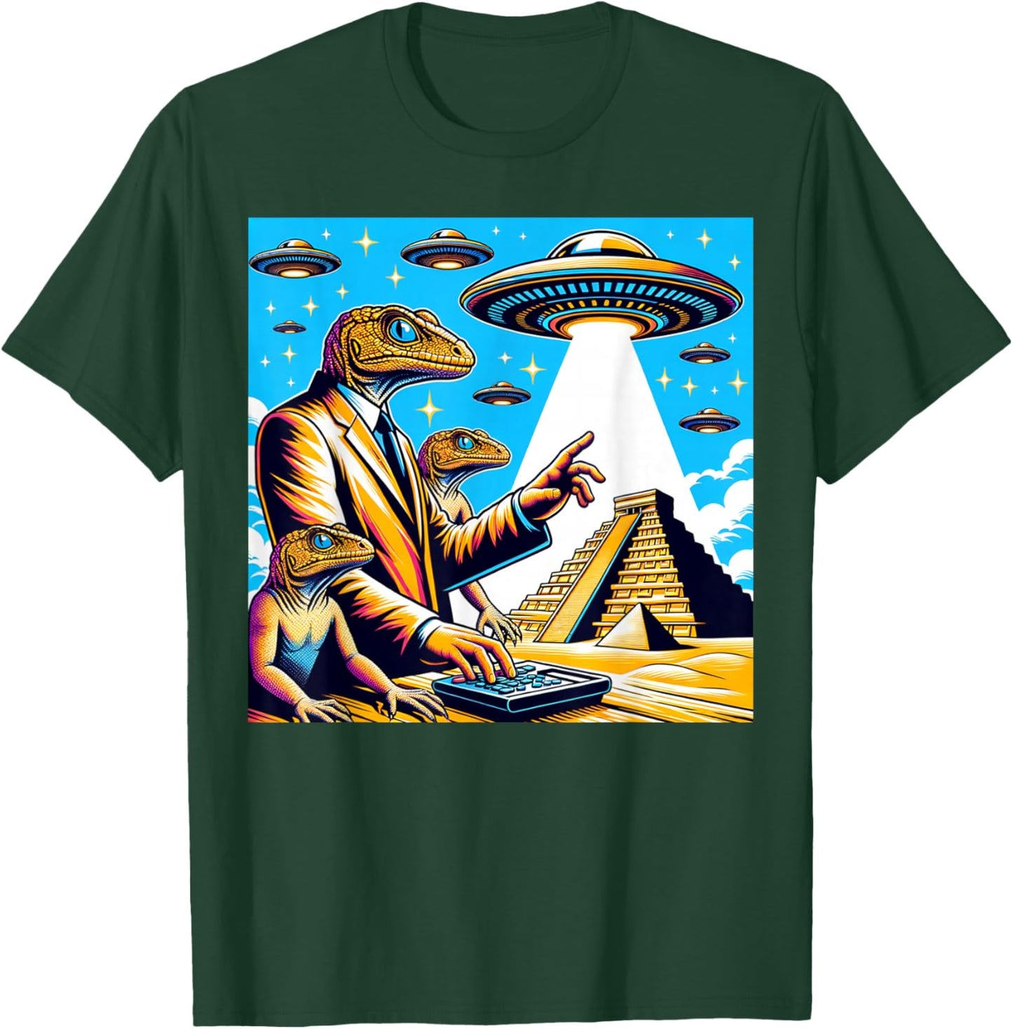 Lizard Conspiracy Theory UFO Chichen Itza Mexican Pyramids T-Shirt - T-Shirt | Forest
