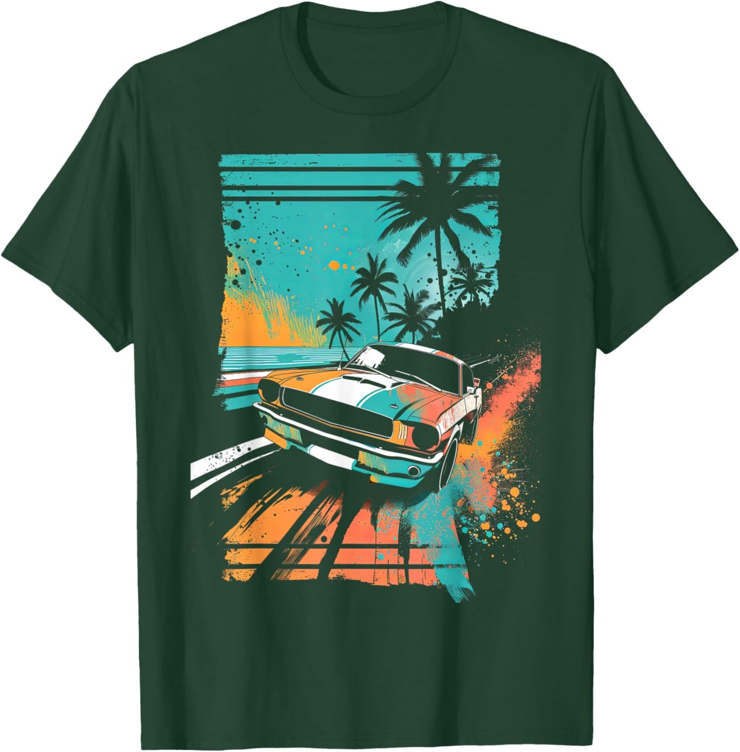 Vintage Car Teal Sunset Tropical Beach T-Shirt - T-Shirt | Forest