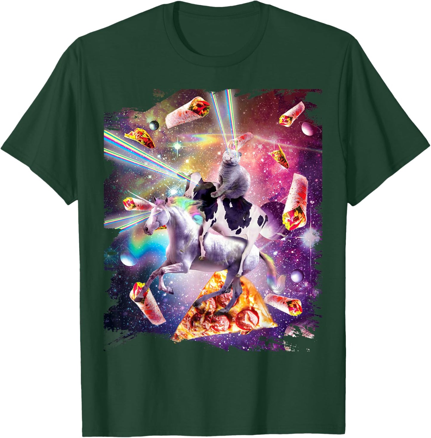 Laser Eye Space Cat on Cow Unicorn - Rainbow T-Shirt - T-Shirt | Forest