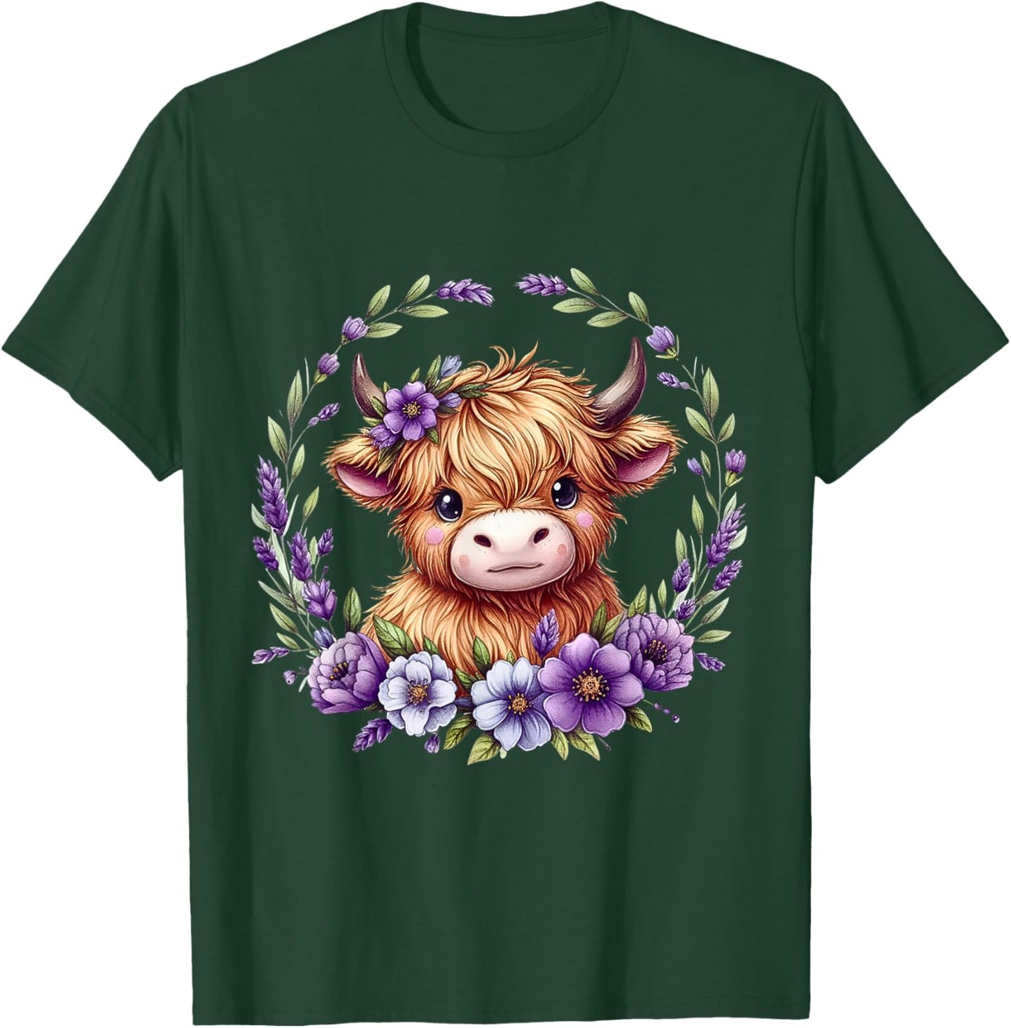 Baby Highland Cow with Purple Flowers Scottish Farm T-Shirt - T-Shirt | Forest