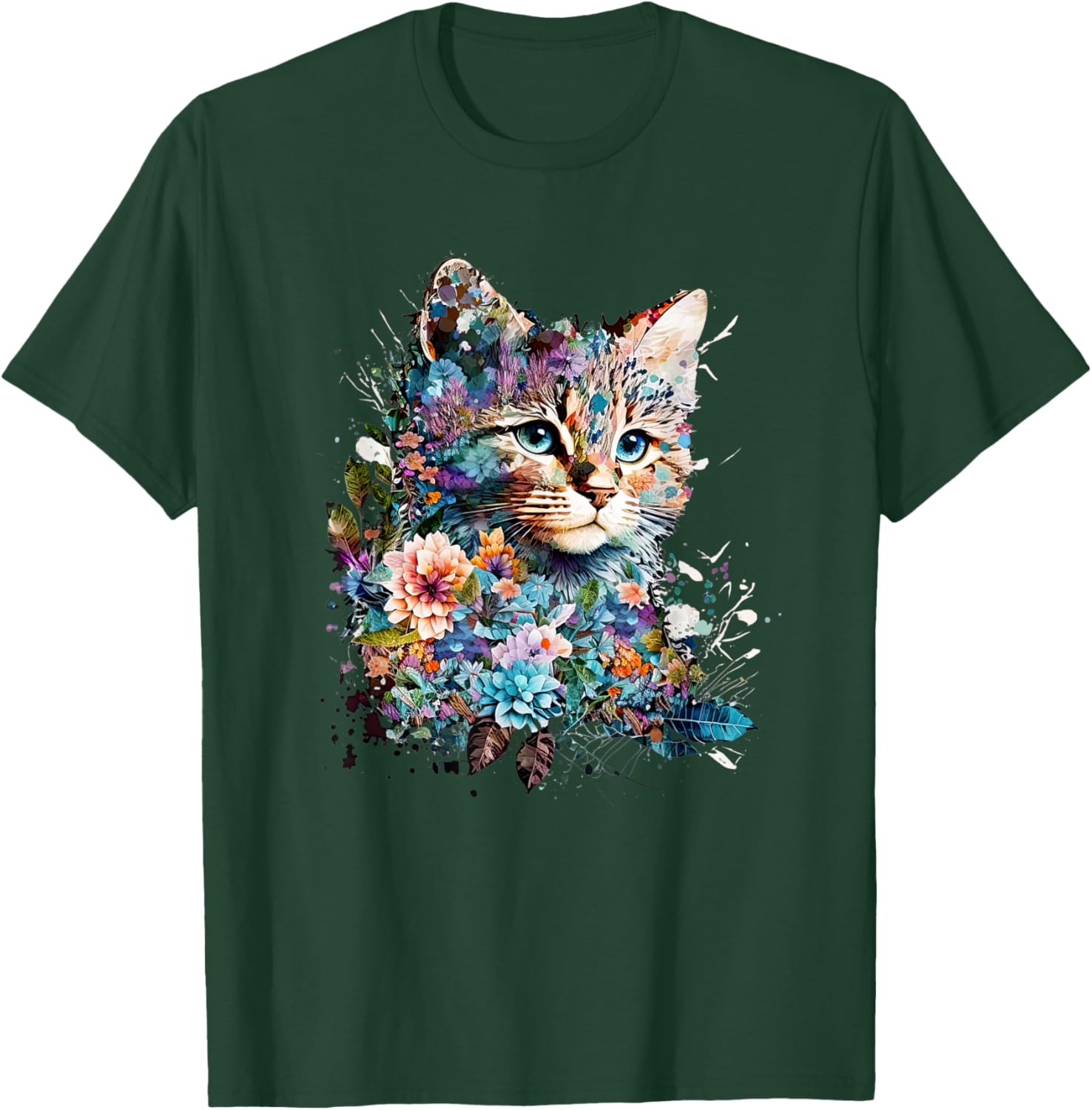 Cute Cat Motif Cat With Flowers Cat T-Shirt - T-Shirt | Forest