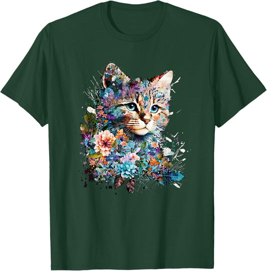 Cute Cat Motif Cat With Flowers Cat T-Shirt - T-Shirt | Forest