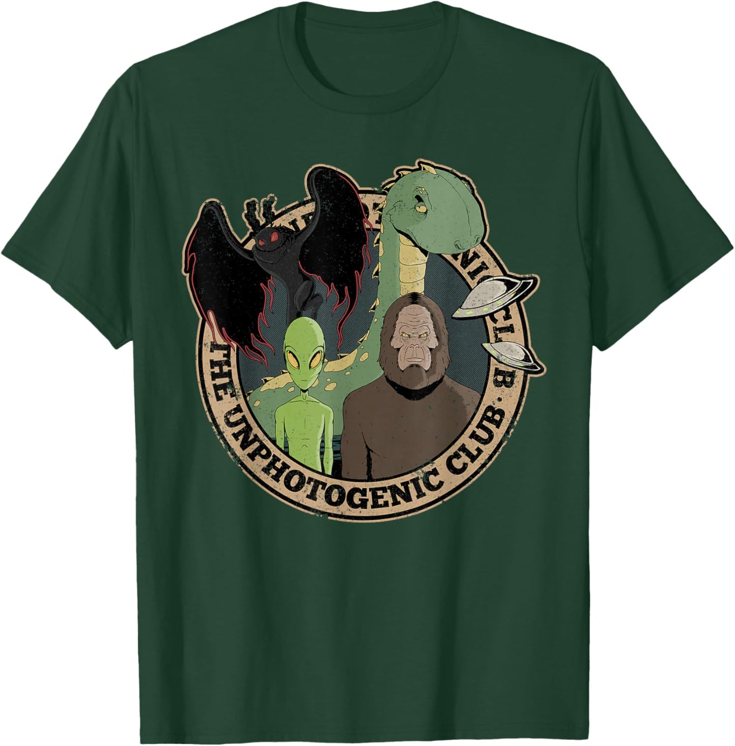 Unphotogenic Club Cryptid Alien Bigfoot Mothman Loch Ness T-Shirt - T-Shirt | Forest