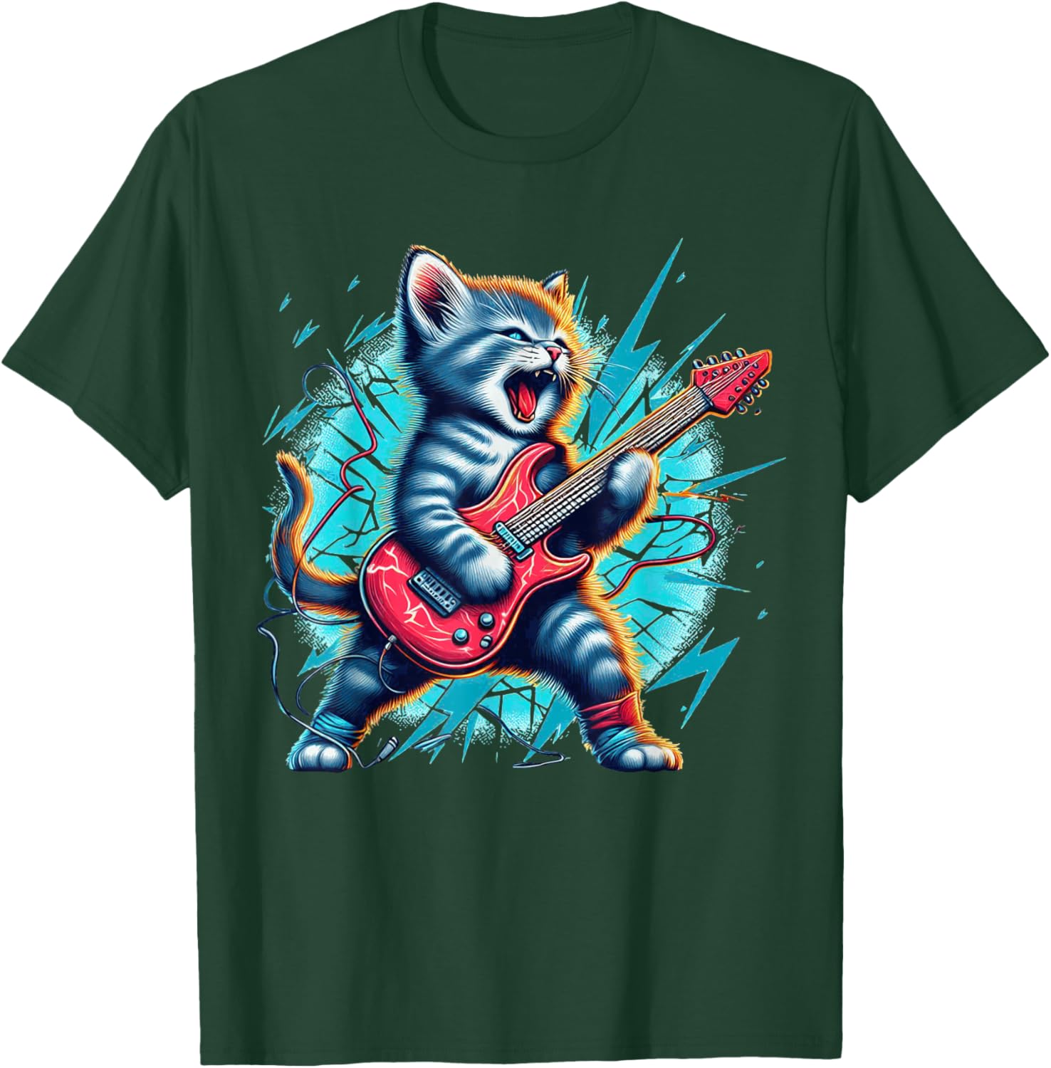 Rockstar Kitten Cute Cat playing Guitar Adorable Music Art T-Shirt - T-Shirt | Forest