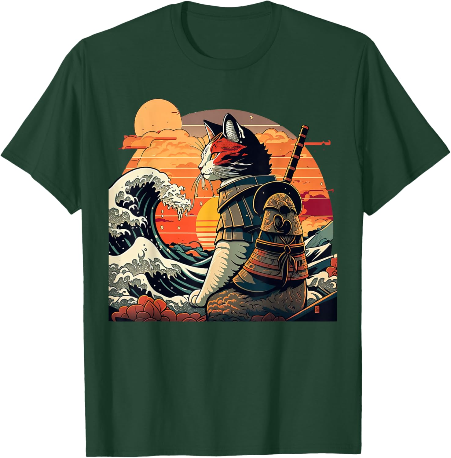 Japanese Retro Samurai cat The Great Wave by Hokusai T-Shirt - T-Shirt | Forest