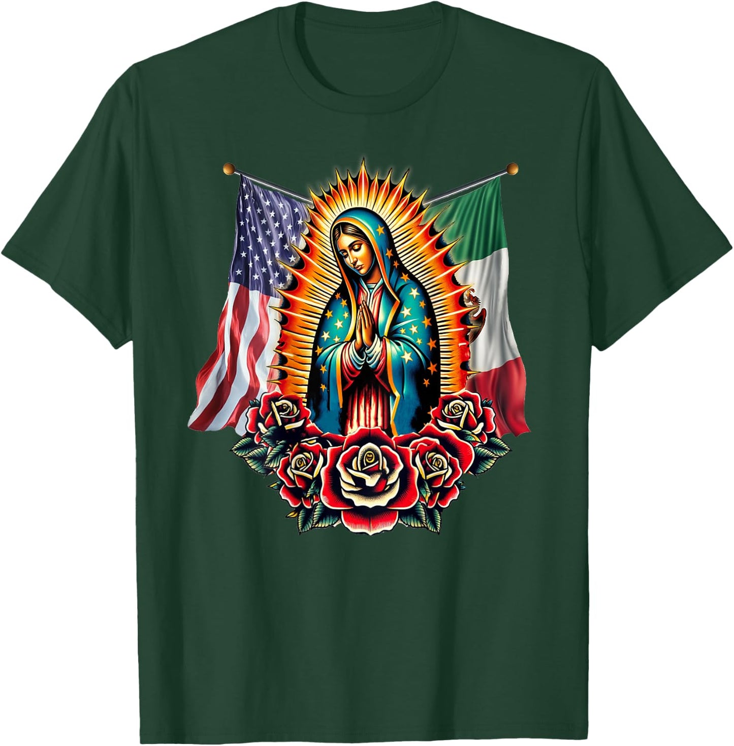 Virgen De Guadalupe Virgin Mary Mexican American Flag T-Shirt - T-Shirt | Forest