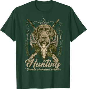 German Wirehair Pointer Dog Breed Clothing Gifts German Wirehaired Pointer Deutsch Drahthaar Hunting Black Small Classic Fit Cotton Blend Short Sleeve -Adults Men, Boys T-Shirt - T-Shirt | Forest