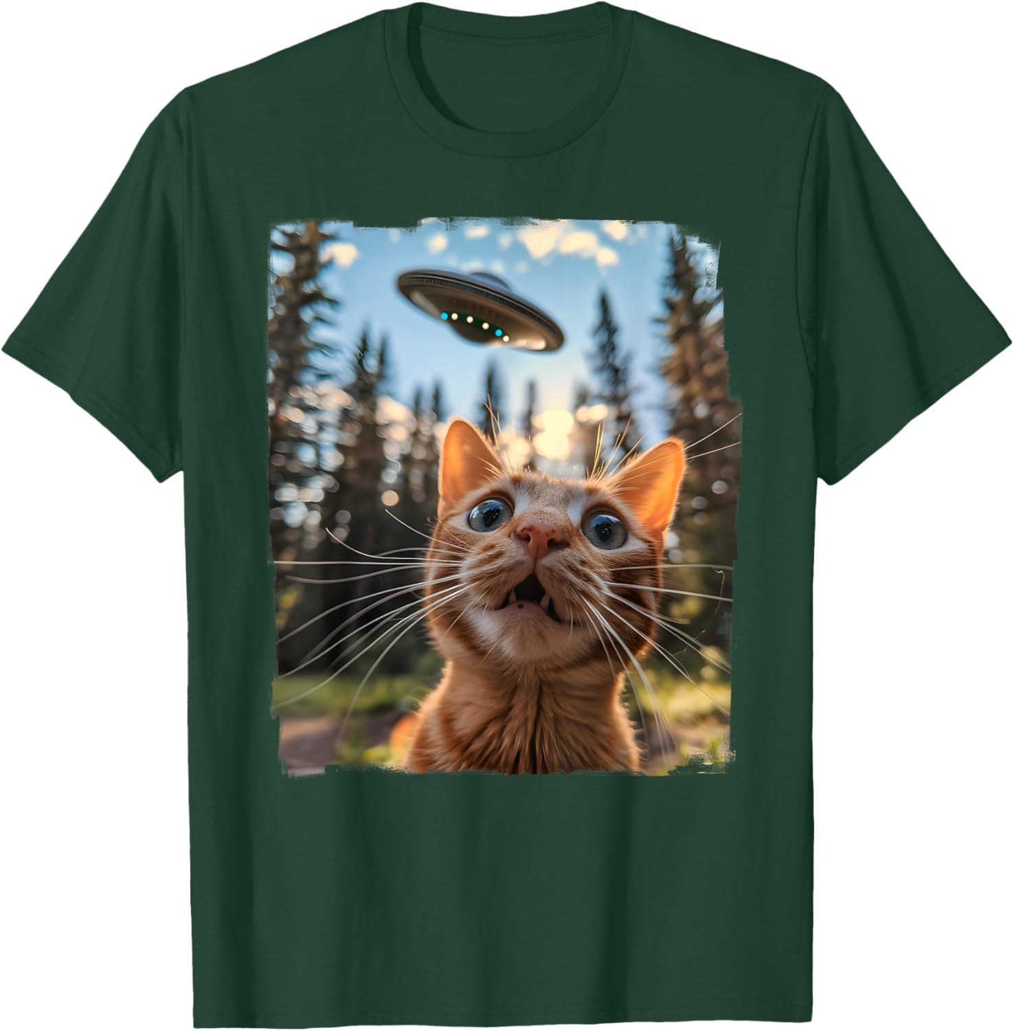 Extraterrestrial Encounter: Cat Selfie with Alien UFO Men Women Kids T-Shirt - T-Shirt | Forest