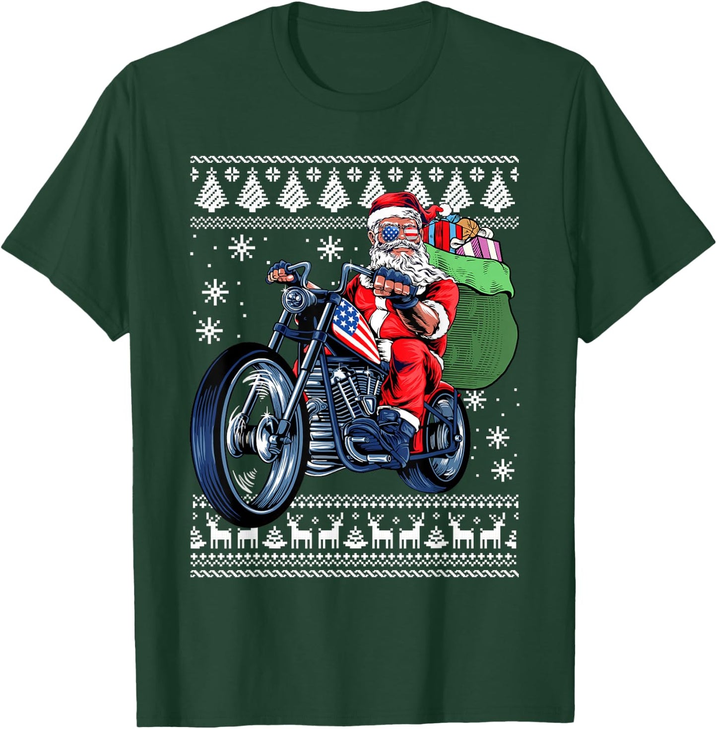 Santa Claus With Motorcycle Xmas Tree Ugly Christmas Sweater T-Shirt - T-Shirt | Forest