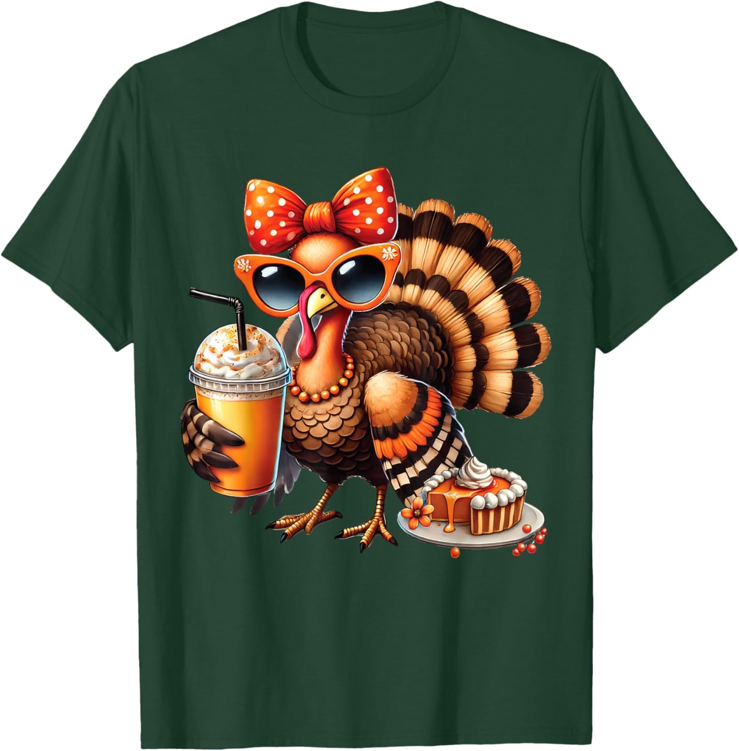 Turkey Drinking Coffee Bow Thanksgiving Turkey Day T-Shirt - T-Shirt | Forest