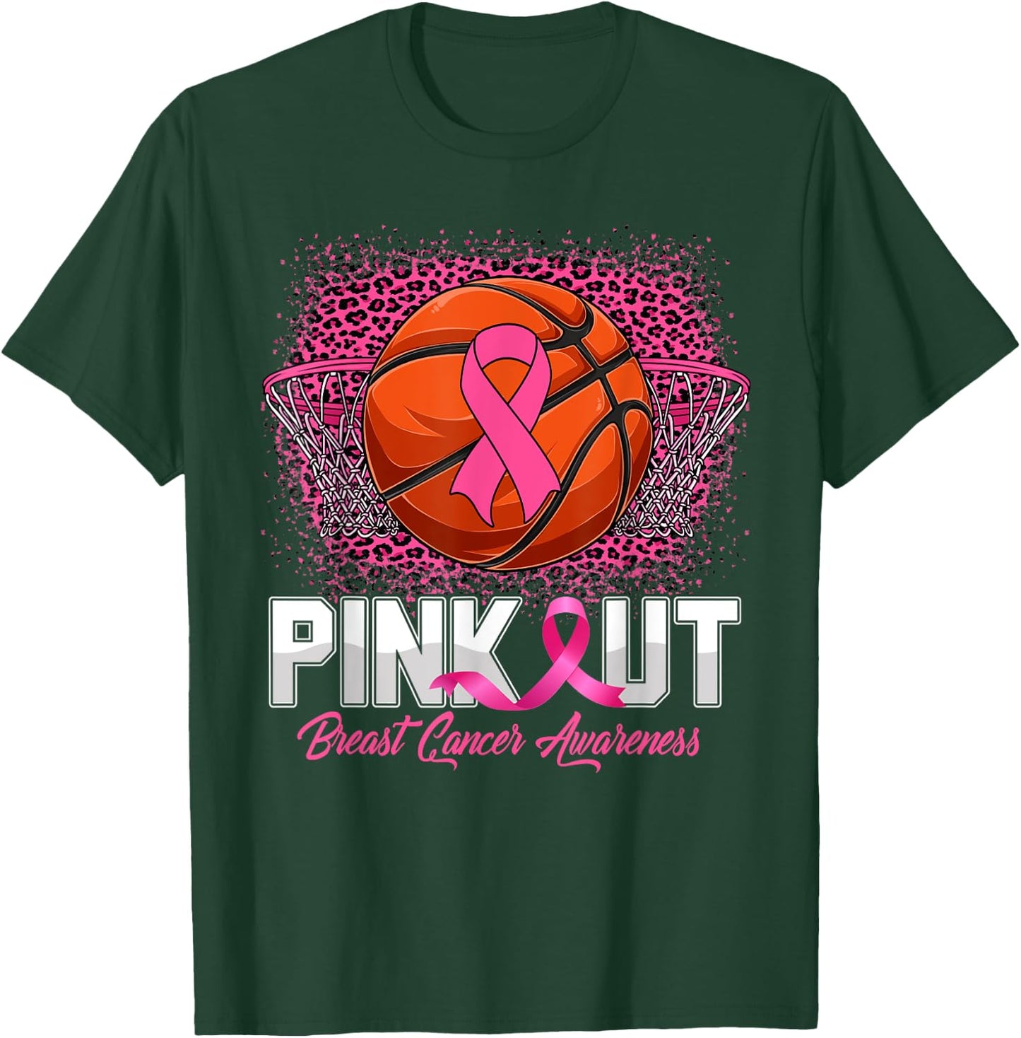 Pink Out Breast Cancer Awareness Basketball Leopard Bleached T-Shirt - T-Shirt | Forest