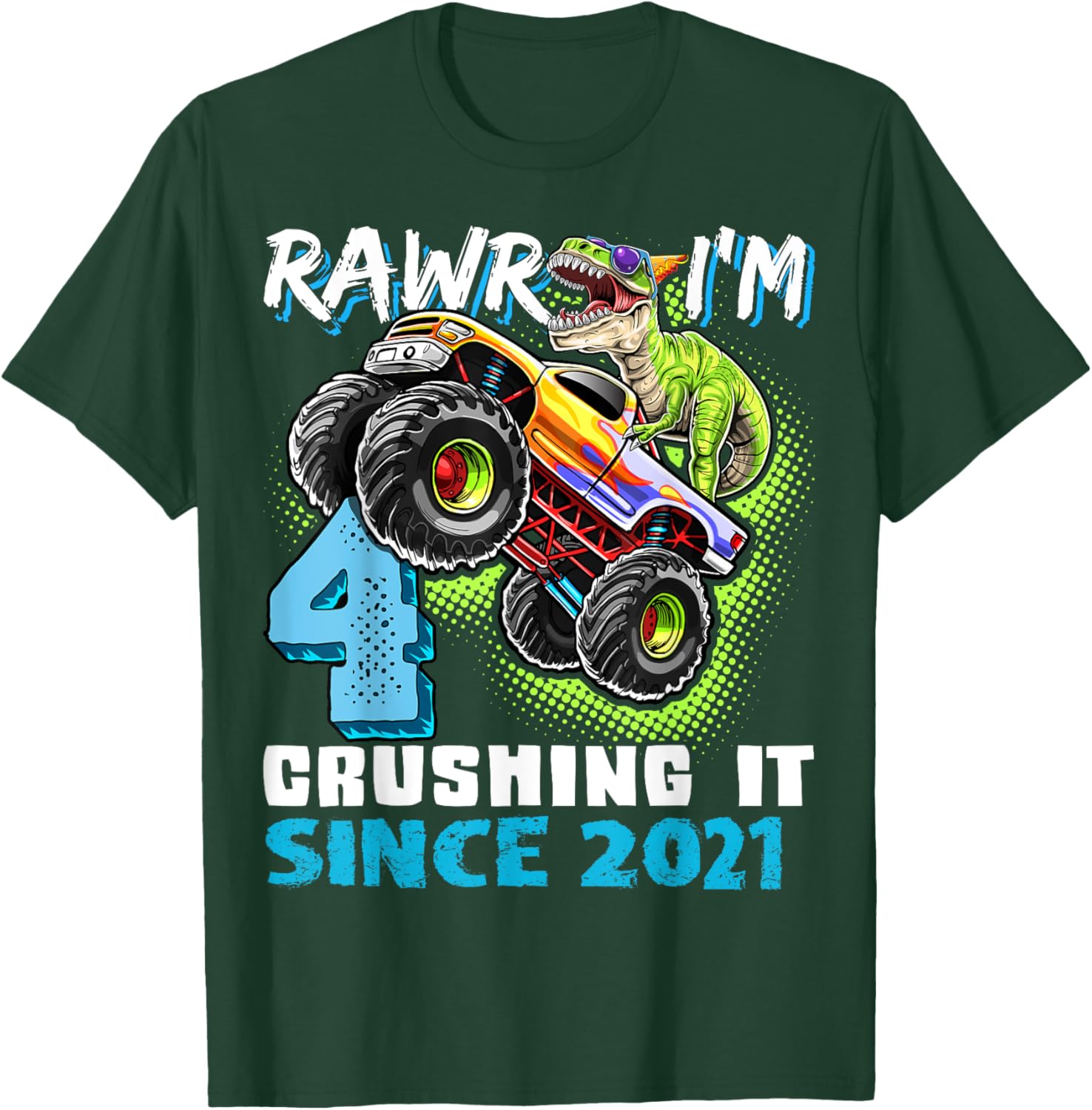 4th Birthday Monster Truck Dinosaur Party Boys Rawr I'm 4 T-Shirt - T-Shirt | Forest