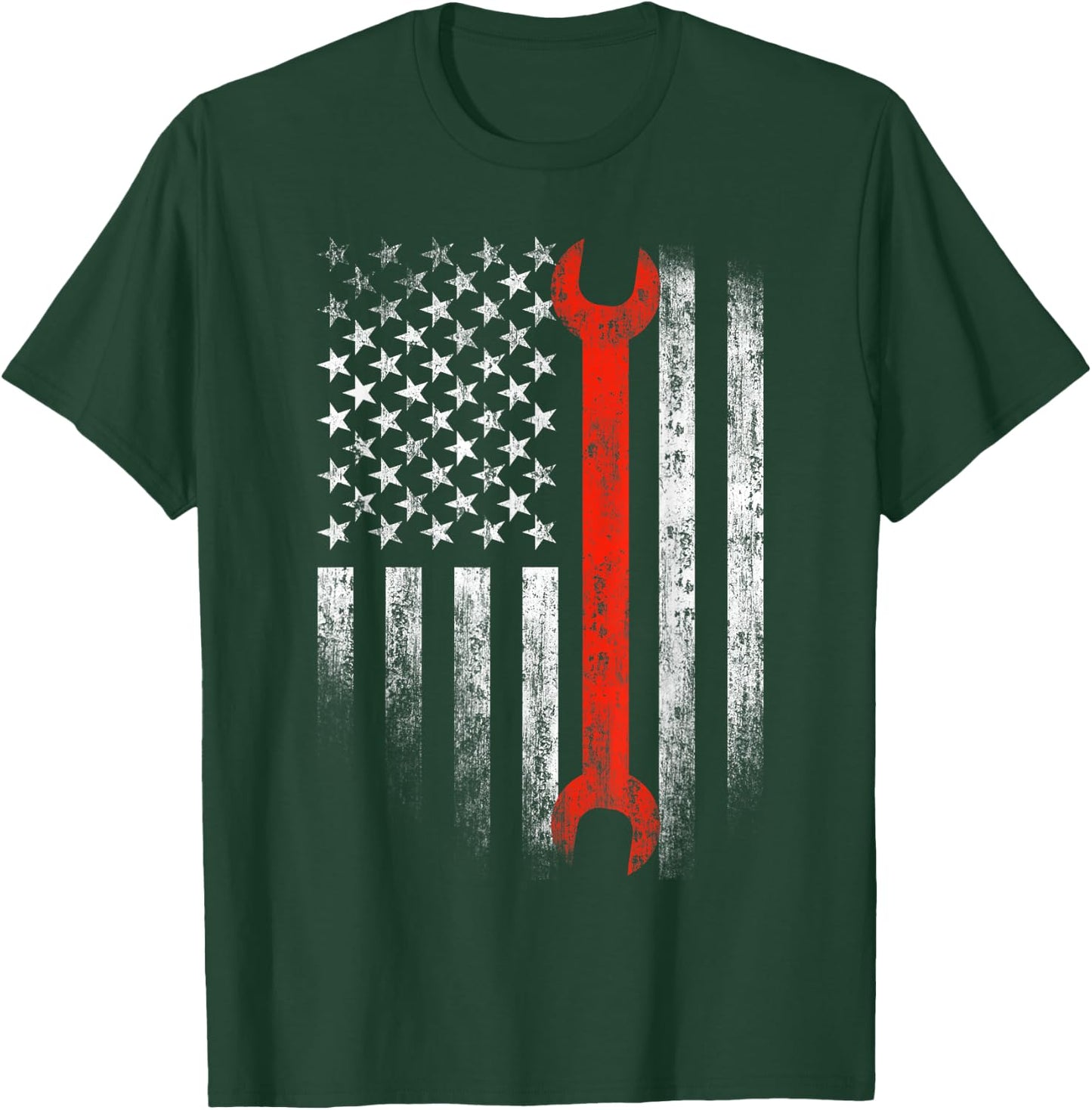American Flag Mechanic Wrench Shirt Patriotic Car Van Tank Women Men T-Shirt - T-Shirt | Forest
