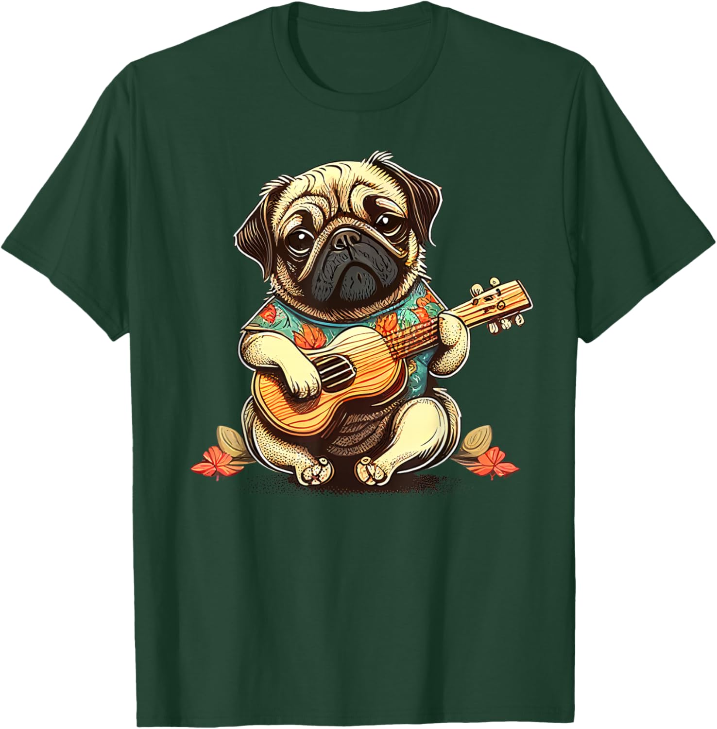 Pug Dog Playing Ukulele T-Shirt - T-Shirt | Forest