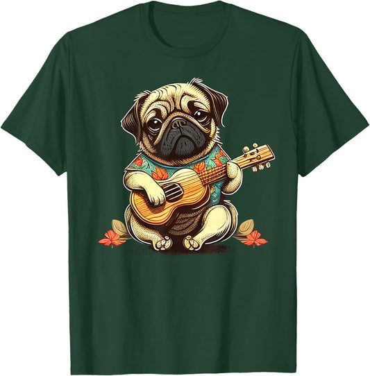 Pug Dog Playing Ukulele T-Shirt - T-Shirt | Forest