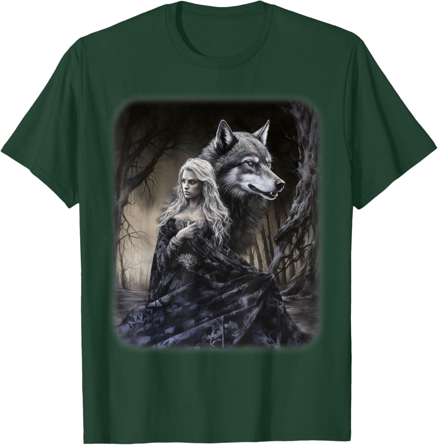 Woman and Gray Wolf in Forest Moon Fantasy Art Painting T-Shirt - T-Shirt | Forest