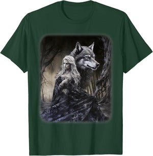 Woman and Gray Wolf in Forest Moon Fantasy Art Painting T-Shirt - T-Shirt | Forest