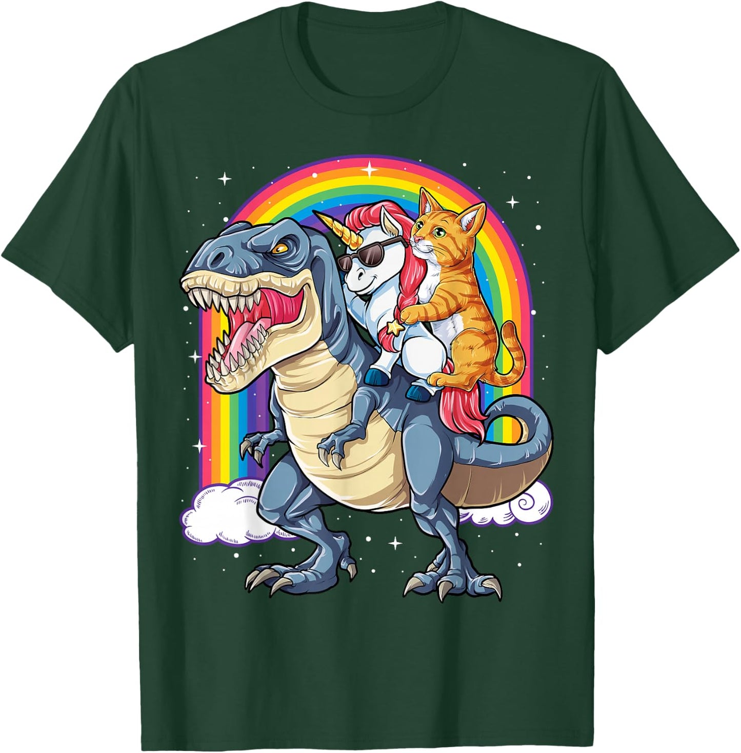 Cat Unicorn Riding Dinosaur T rex Kitten Lover Space Galaxy T-Shirt - T-Shirt | Forest