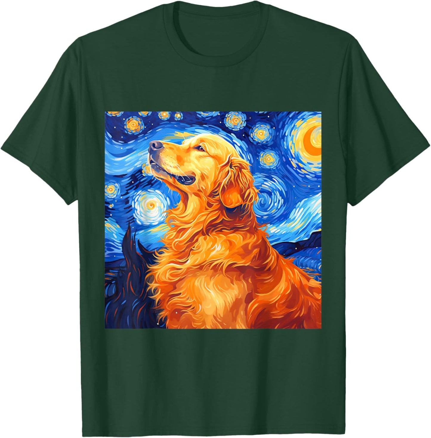 Golden Retriever Dog Starry Night Vincent Van Gogh Painting Women Kids T-Shirt - T-Shirt | Forest