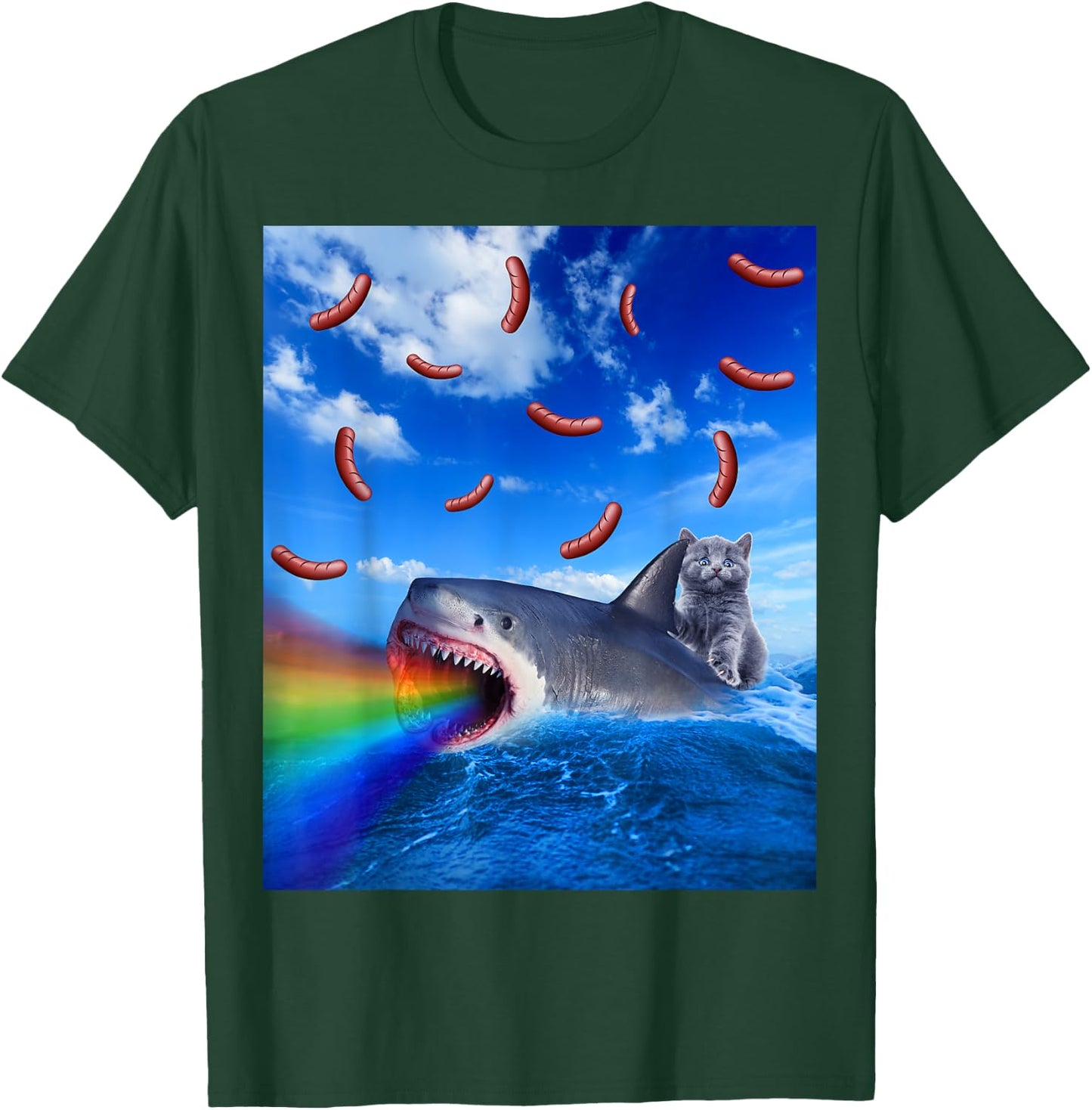 Cat Riding Rainbow Breathing Shark With Hot Dogs T-Shirt - T-Shirt | Forest