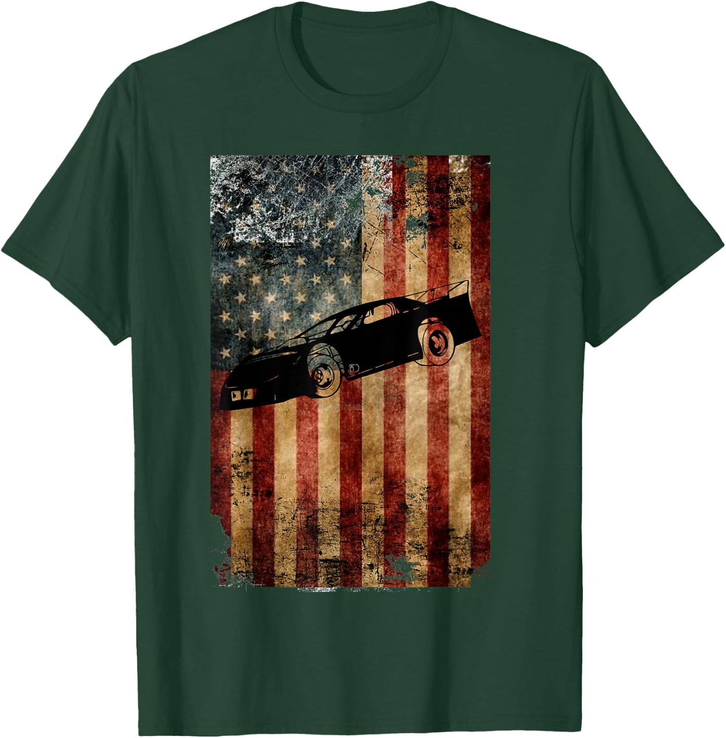 Late Model Dirt Track Racing Gifts Distressed American Flag T-Shirt - T-Shirt | Forest
