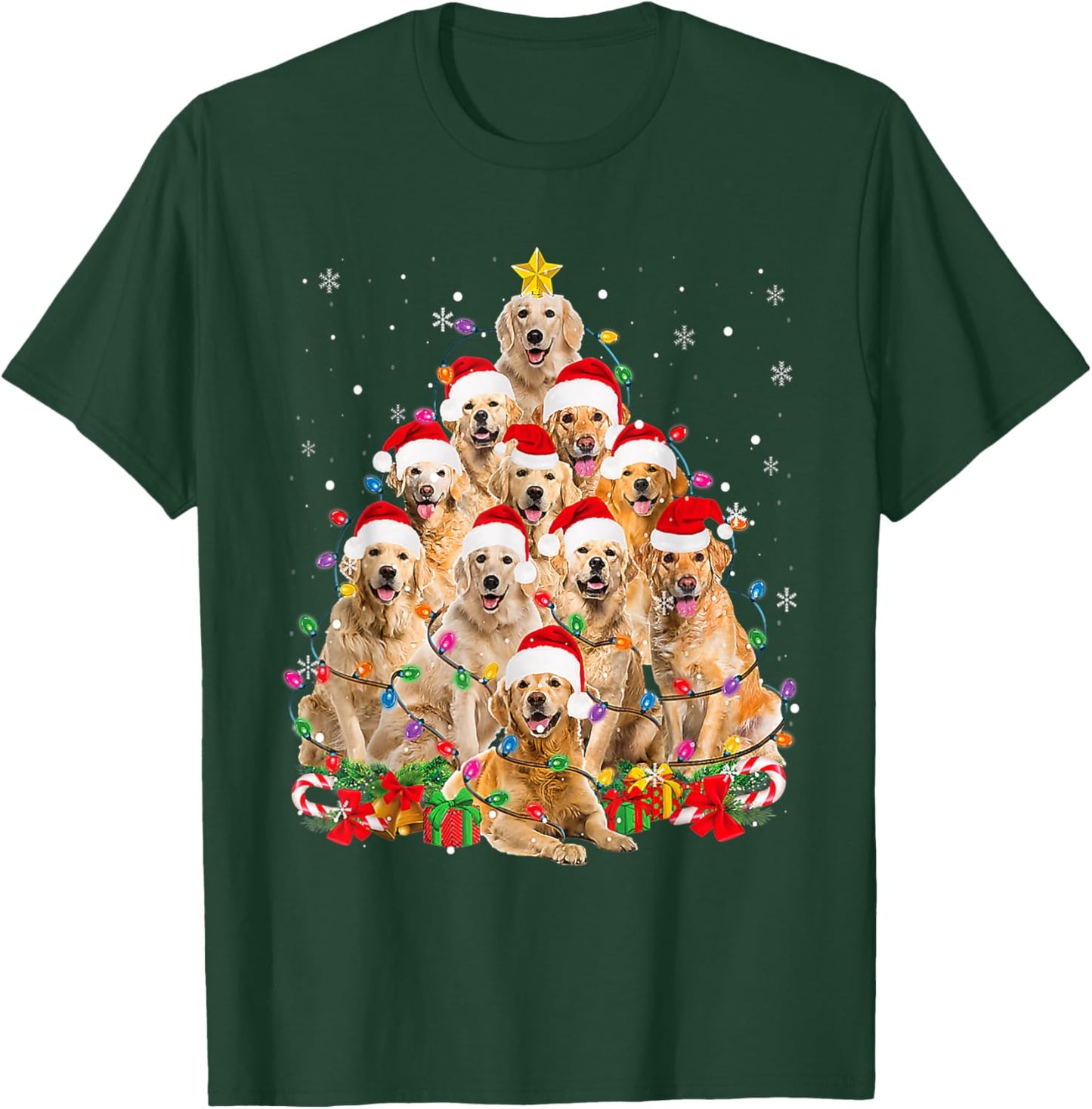 Funny Golden Retriever Christmas Lights Tree Dog Lover Xmas Men Women T-Shirt - T-Shirt | Forest