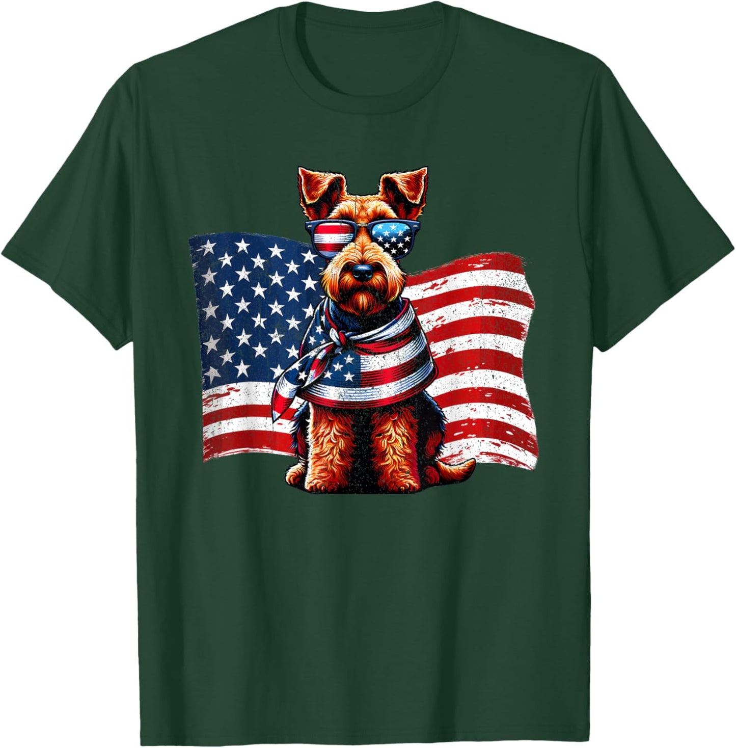 Welsh Terrier Dog Dogs American Flag Patriotic Pets Vintage Men Women Girls Kids T-Shirt - T-Shirt | Forest