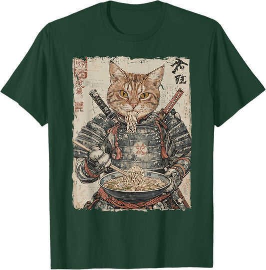 Samurai Cat Loves Ramen Funny Anime Japanese Artwork Samurai T-Shirt - T-Shirt | Forest
