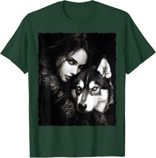 Woman and Wolf Husky Fantasy Art Painting T-Shirt - T-Shirt | Forest