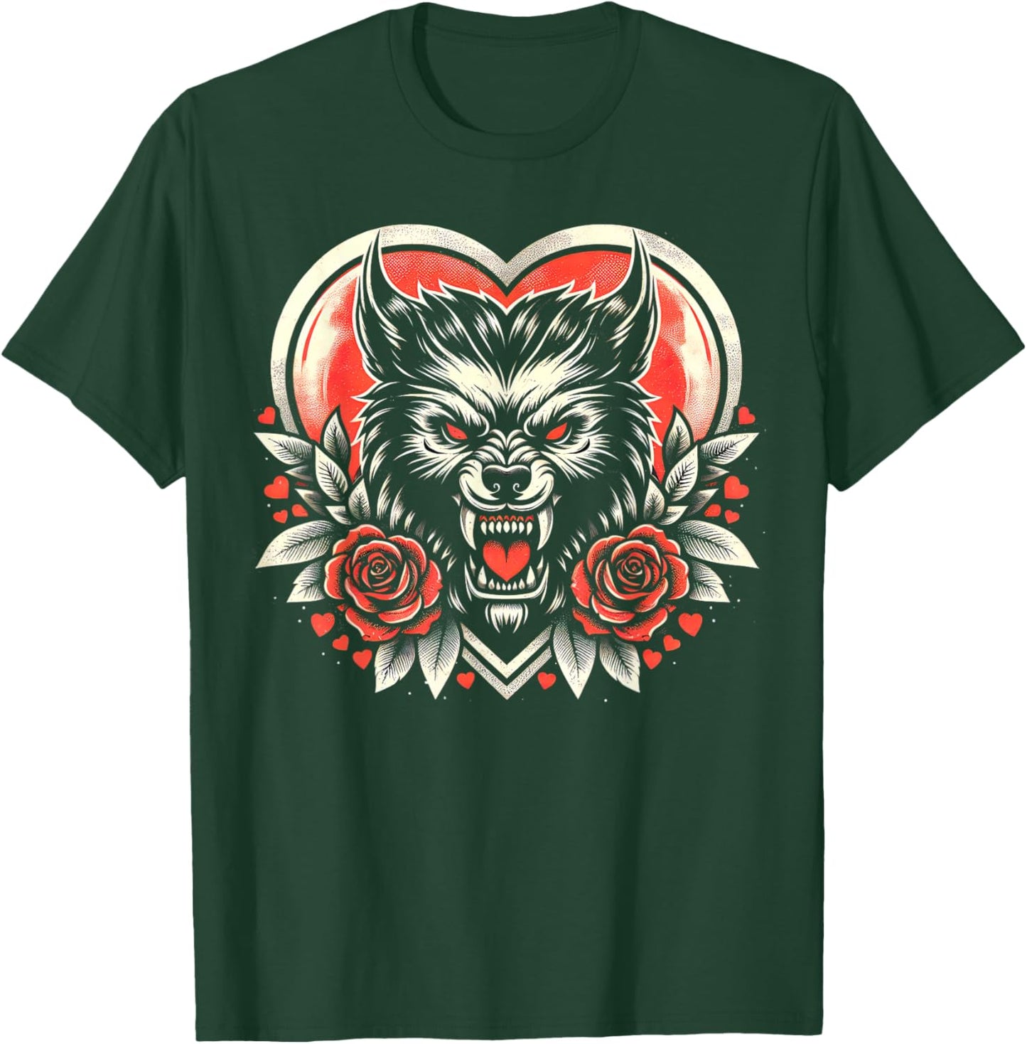 Valentine Werewolf: Lunar Love with Heart and Roses T-Shirt - T-Shirt | Forest
