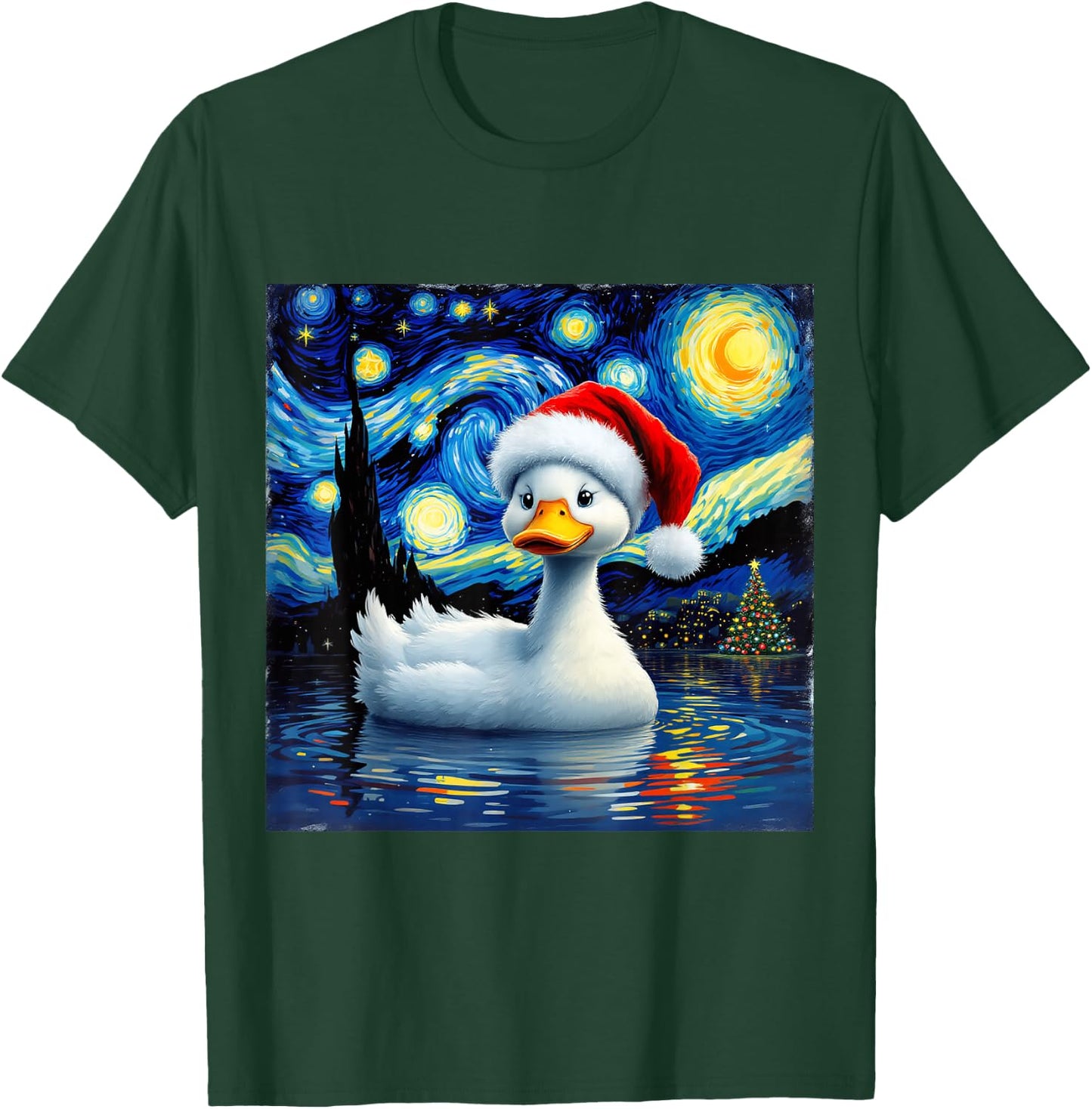 Christmas Duck Santa Hat Van Gogh Starry Night Holiday T-Shirt - T-Shirt | Forest