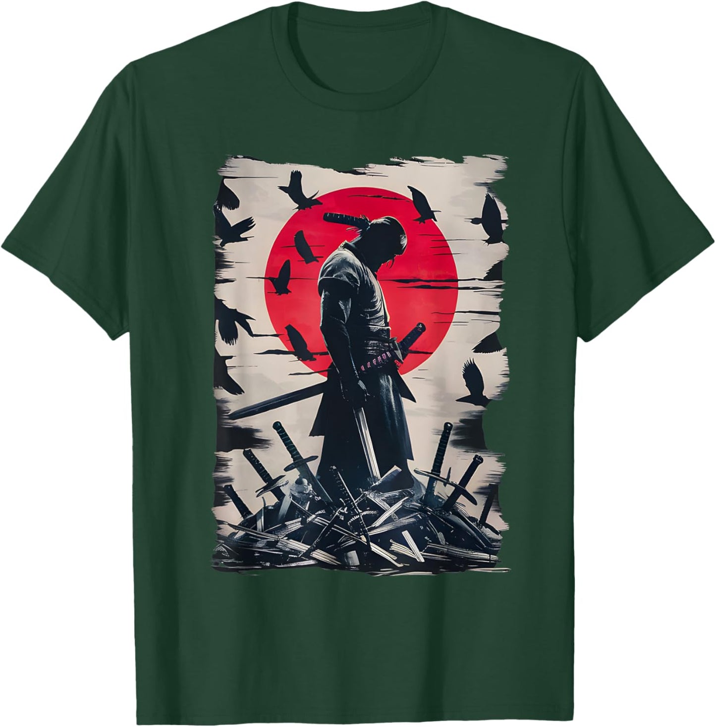 Japanese Anime Art Lone Samurai with Red Sun and Crows T-Shirt - T-Shirt | Forest