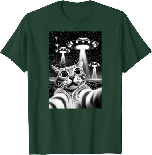 Cat UFO | Funny Invasion Meme Retro Alien Cat UFO Selfie T-Shirt - T-Shirt | Forest
