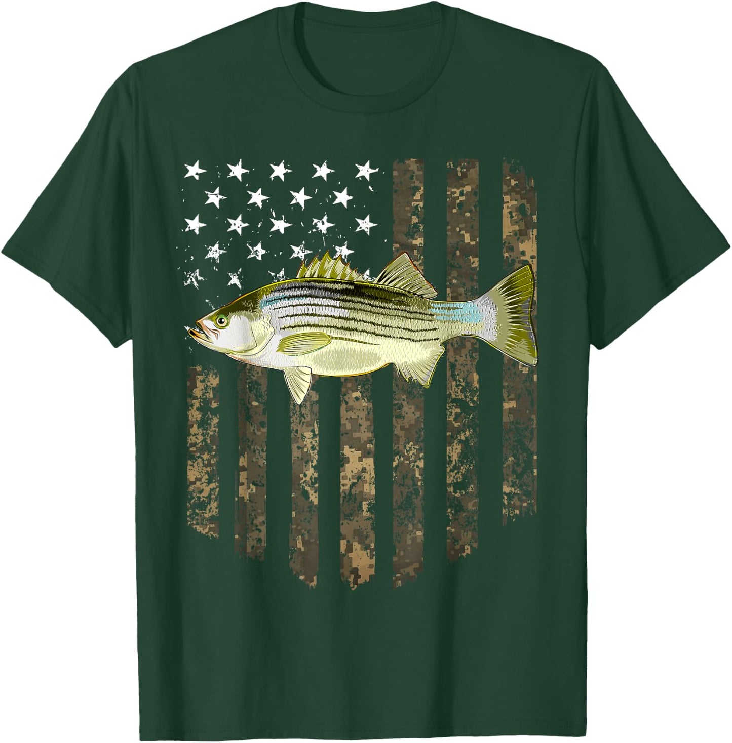 Camo American Flag Striped Bass Fishing 4th Of July T-Shirt - T-Shirt | Forest