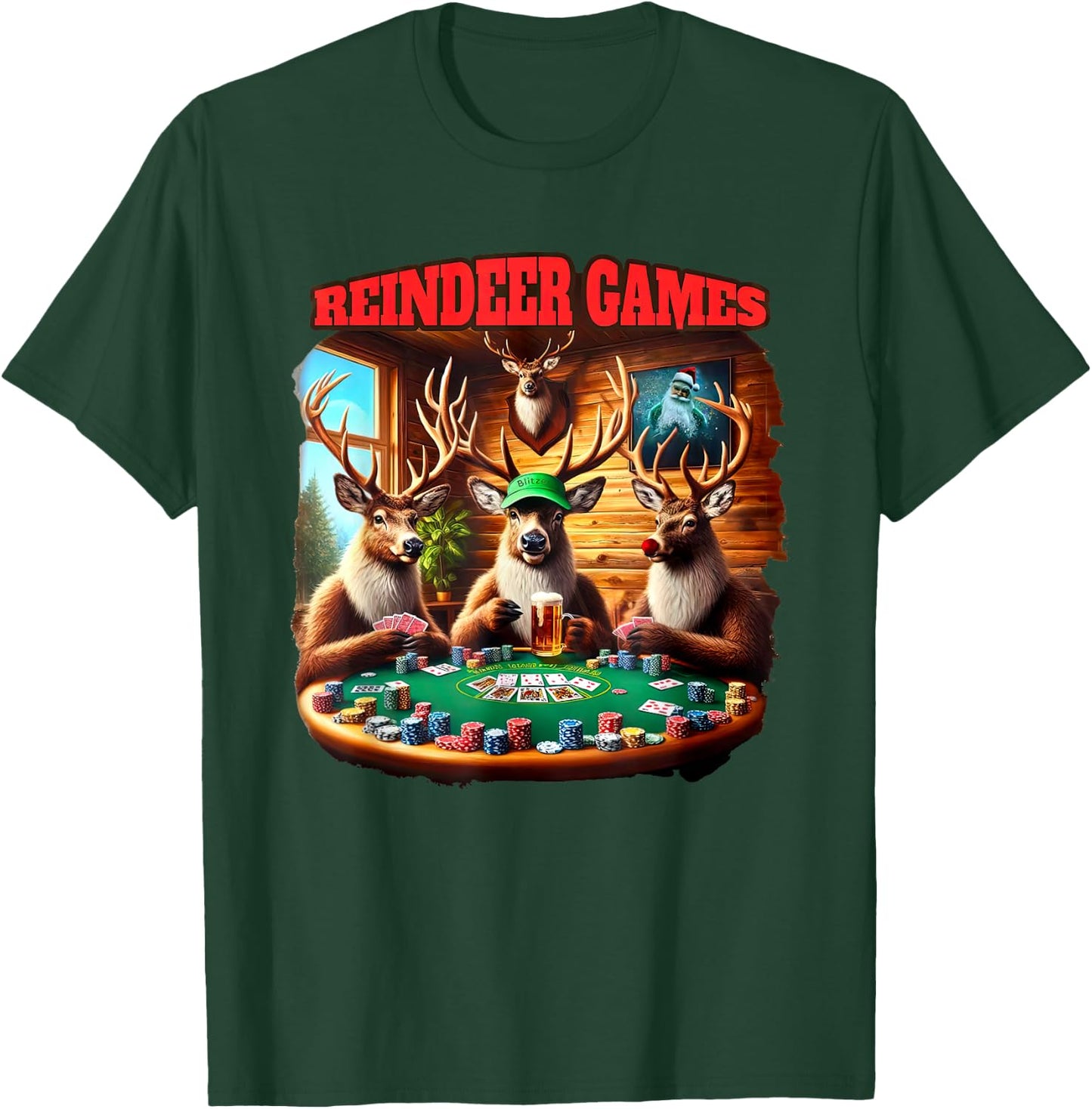 Funny Deer Playing Poker Christmas Reindeer Matching Game T-Shirt - T-Shirt | Forest